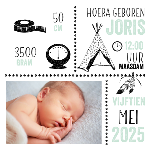 Stoer geboortekaartje met tipi, veertje en mint voor jongen