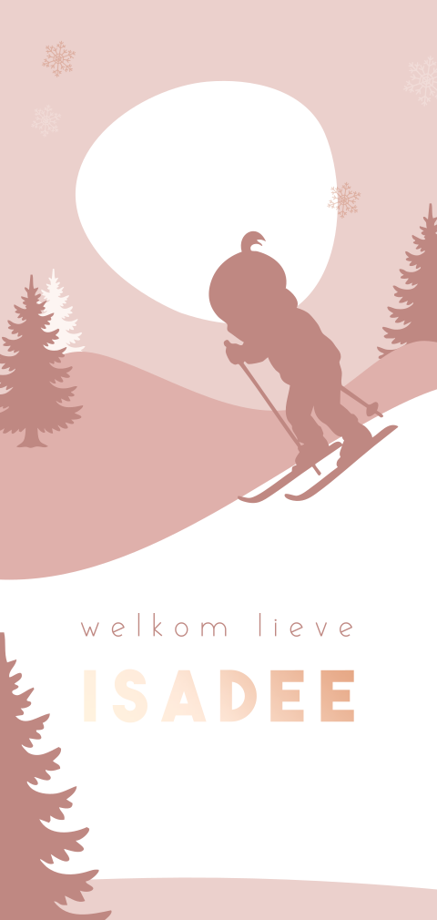 Winter geboortekaartje meisje met silhouetje op ski's