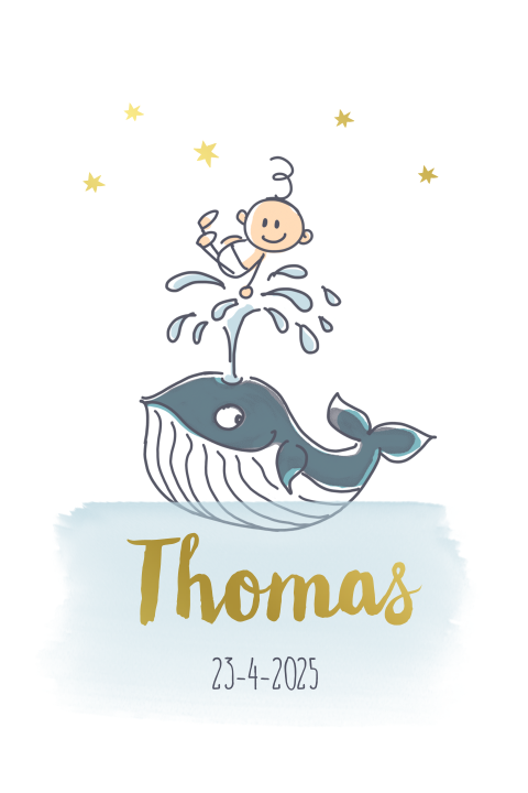 Goudfolie lieve babykaart jongen met walvis