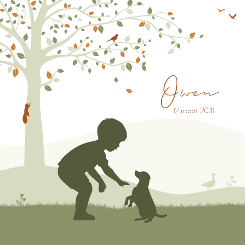 Geboortekaartje voor jongetje met hond en boom