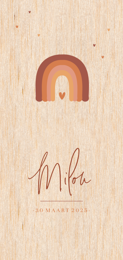 Echt houten geboortekaartje voor meisje met regenboogje in terracotta