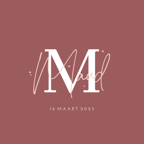 Lief geboortekaartje met initiaal en hartjes voor een meisje