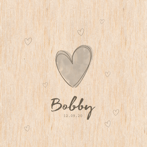 Houten geboortekaartje unisex met watercolour hartjes