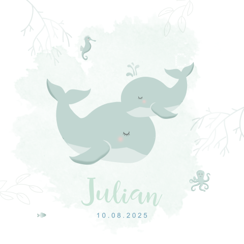 Hip geboortekaartje voor jongen met lieve illustratie van walvisjes