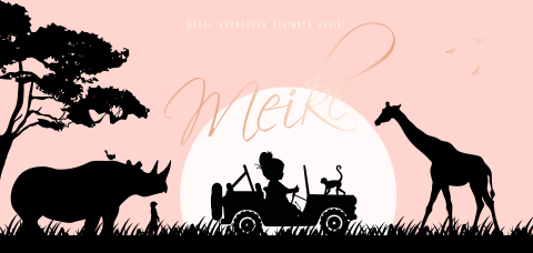 Trendy roségoudfolie geboortekaartje met silhouet van meisje op safari