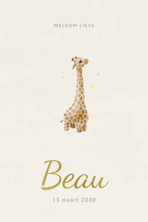 Lief geboortekaartje met illustratie van giraffe en goudfolie