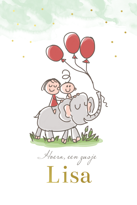 Luxe goudfolie geboortekaartje met olifant, grote zus en baby