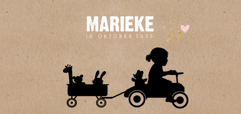 Hip geboortekaartje met meisje met wagentje