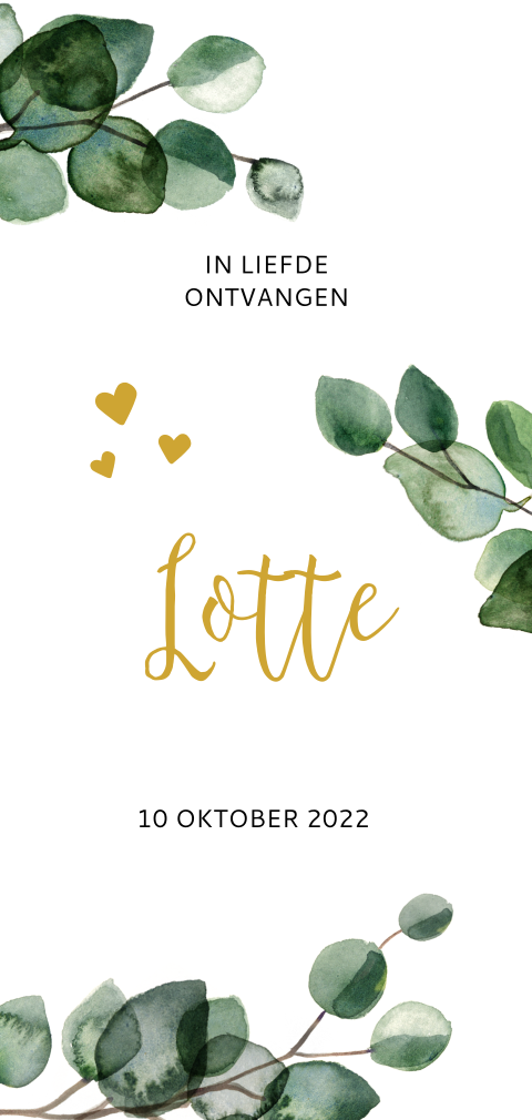 Hip geboortekaartje voor meisje met takjes en okergele hartjes