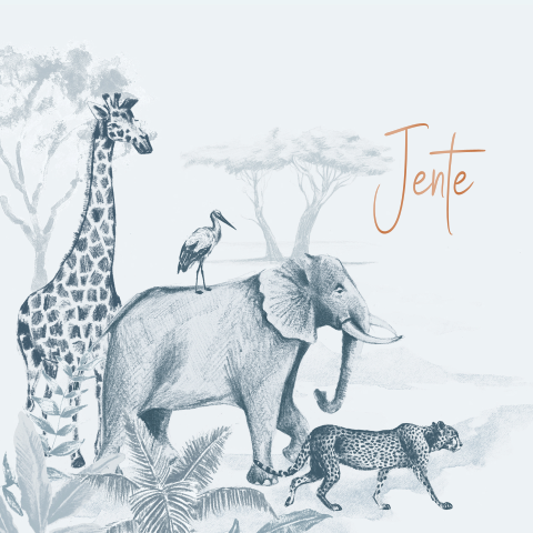 Jungle geboortekaartje met jungledieren en naam in hoogglans
