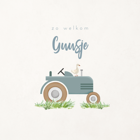 Vrolijk geboortekaartje met tractor en gansje