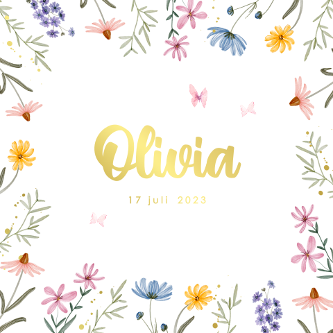 Lief babykaartje met goudfolie en veldbloemen voor een meisje