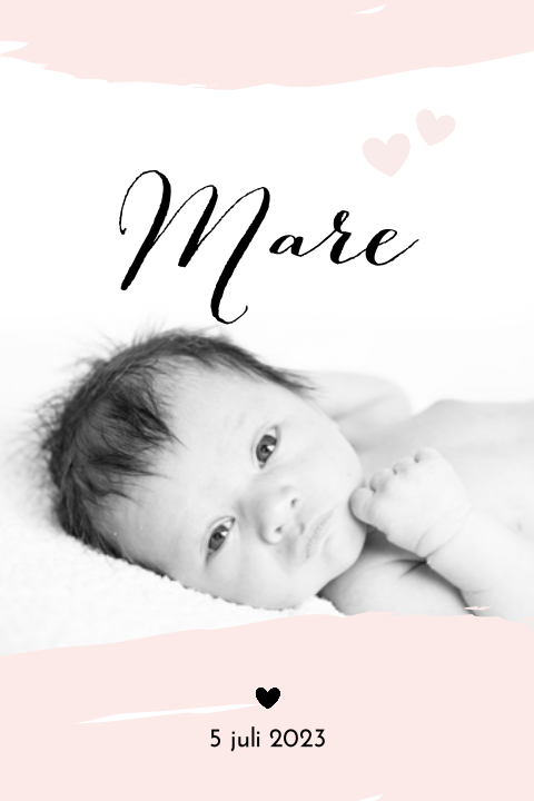 Lief geboortekaartje met hartjes en foto