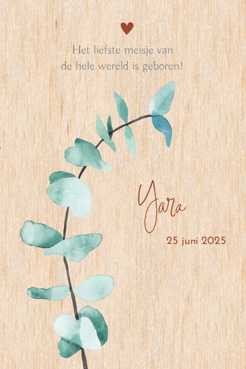 Stijlvol echt houten geboortekaartje met aquarel eucalyptus