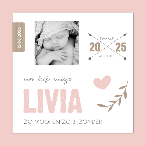 Lief geboortekaartje met foto takje en hart