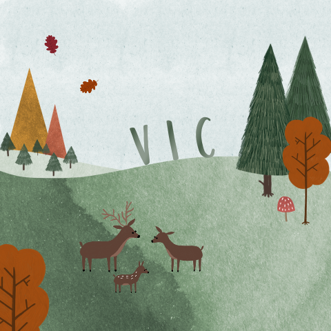 Lief herfst geboortekaartje met hertjes in landschap