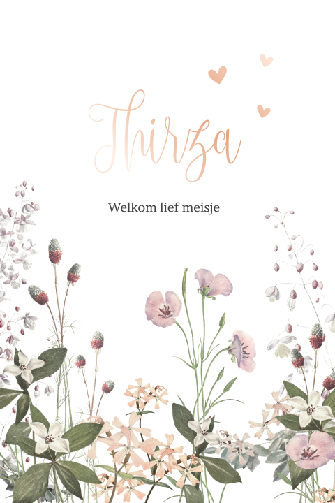Stijlvol geboortekaartje meisje met wilde bloemen en roségoudfolie