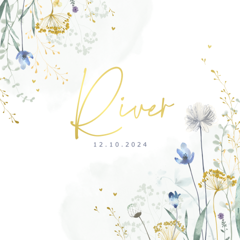 Vrolijk geboortekaartje met watercolour, veldbloemen en goudfolie