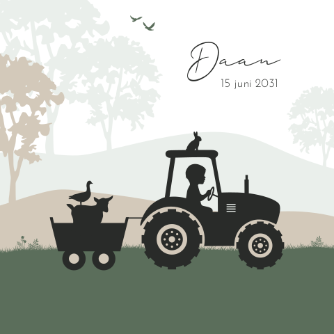 Silhouet geboortekaartje jongen groen met tractor
