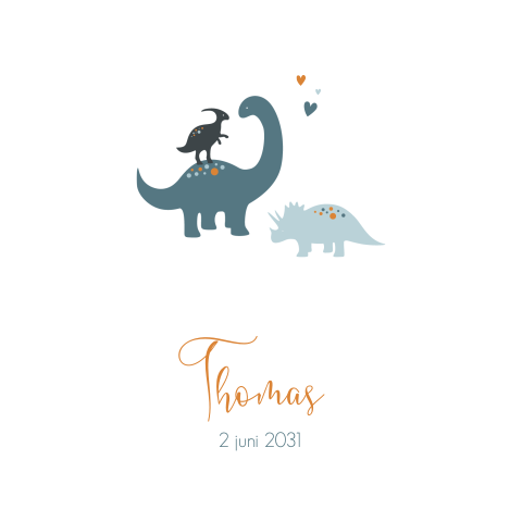 Mooi geboortekaartje met dino's in blauwtinten en kleine hartjes