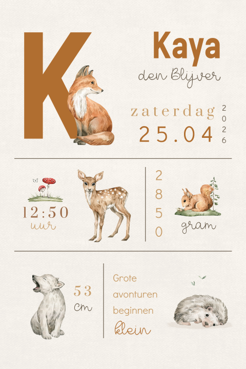 Geboortekaartje bosdieren met geboortegegevens