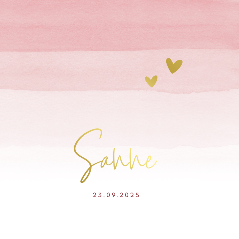 Modern goudfolie geboortekaartje voor een meisje met roze watercolour