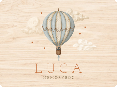 Memorybox met blauwe luchtballon en silhouetje