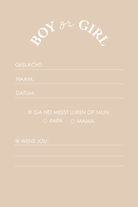 Gender reveal invulkaart beige