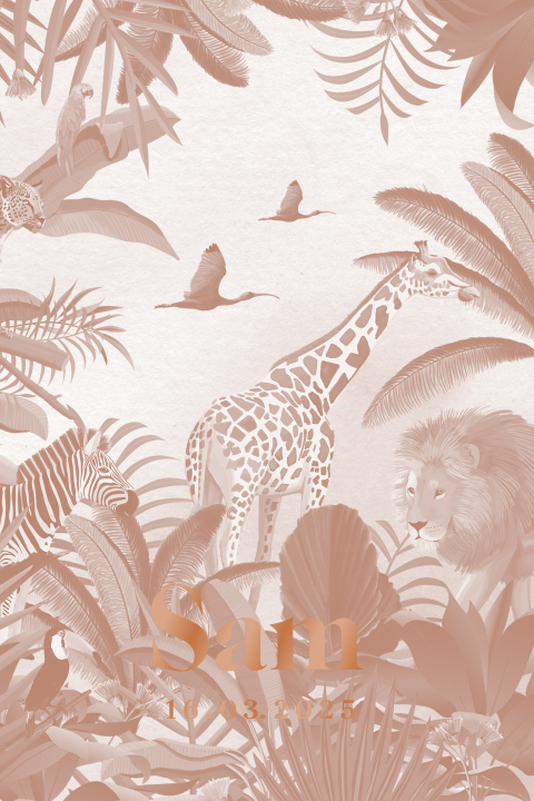 Roestkleur vintage geboortekaartje met jungledieren en hoogglans