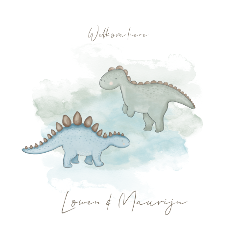 Getekend geboortekaartje met twee dinos voor een tweeling