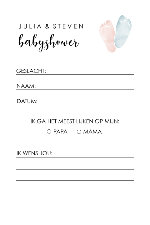 Gender reveal invulkaart met blauw/roze voetjes