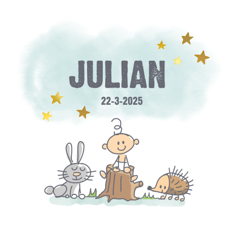 Illustratief geboortekaartje met baby, egel en konijn