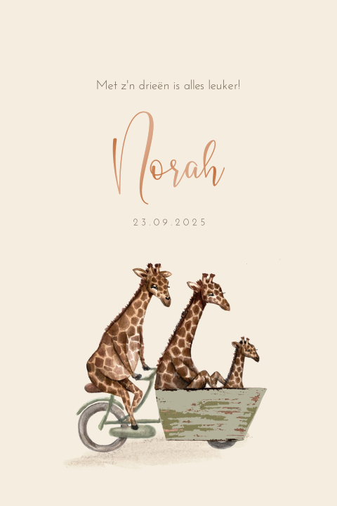 Uniek hoogglans geboortekaartje voor meisje met giraffes in bakfiets