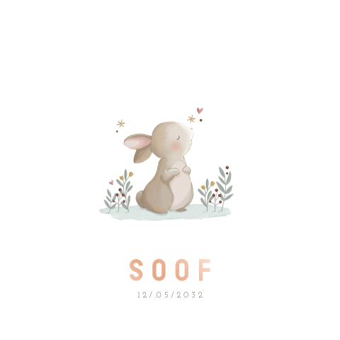 Schattig geboortekaartje vierkant met konijn en roségoudfolie