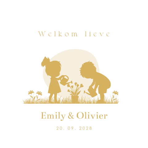 Lief geboortekaartje met tweeling silhouetjes in tuin