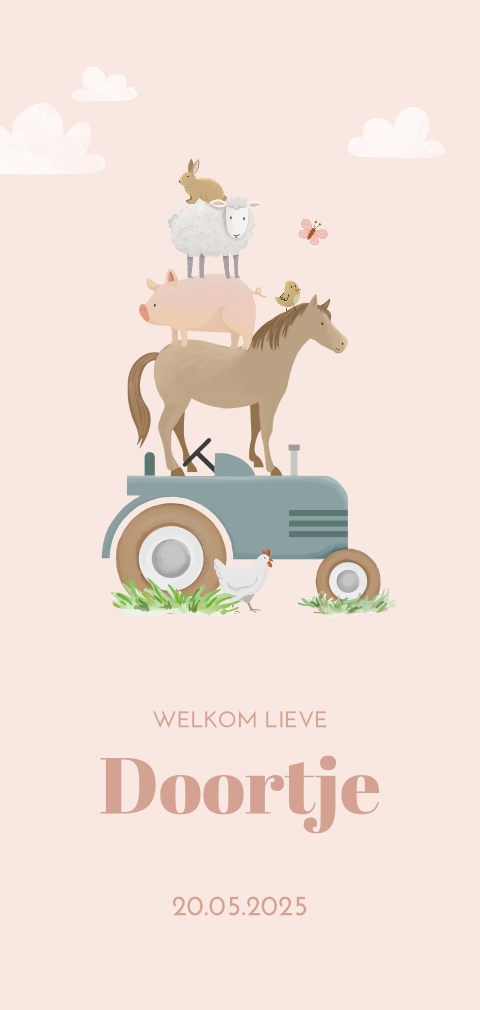 Langwerpig geboortekaartje roze met boerderij dieren