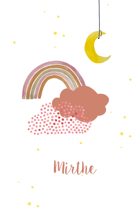 Lief geboortekaartje met sterren, maan, regenboog en wolkjes
