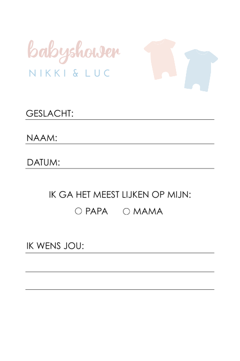 Gender reveal invulkaart met blauw/roze rompertjes