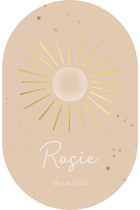 Origineel goudfolie geboortekaartje met zon en spetters