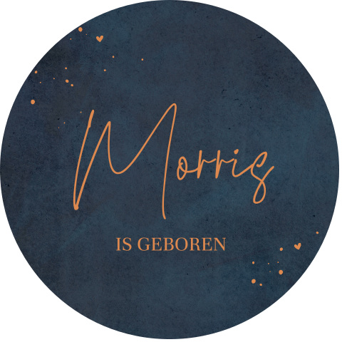 Raamsticker rond met blauwe velvet-look, oranje naam en spetters