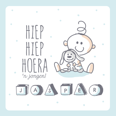 Illustratief geboortekaartje jongetje met knuffel en blokken
