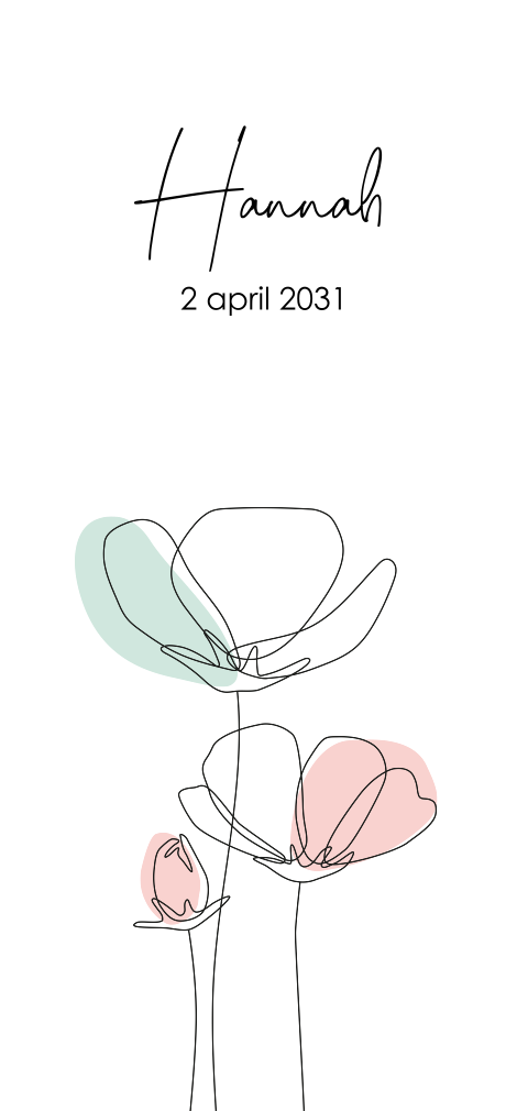 Geboortekaart meisje met lijntekening bloemen en kleuren vlakken