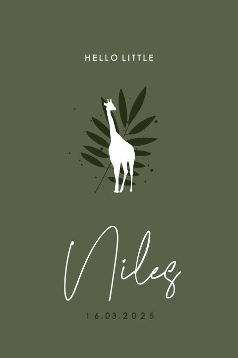 Groen geboortekaartje met silhouet van giraffe voor een jongen