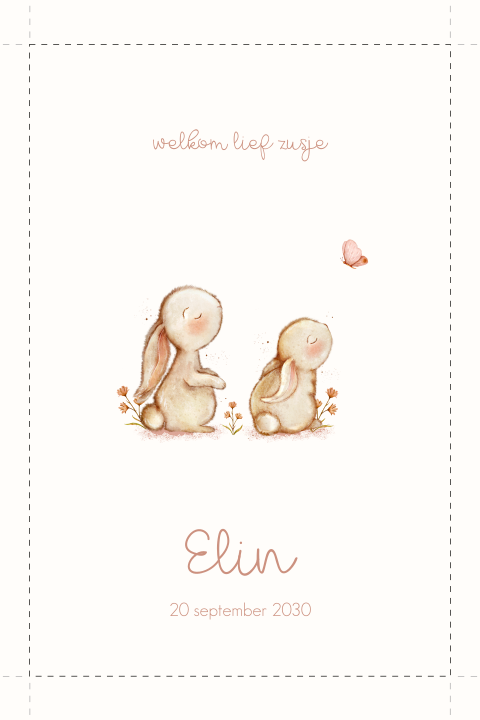 Handgeschept papierlook geboortekaartje met twee konijntjes (DIY)