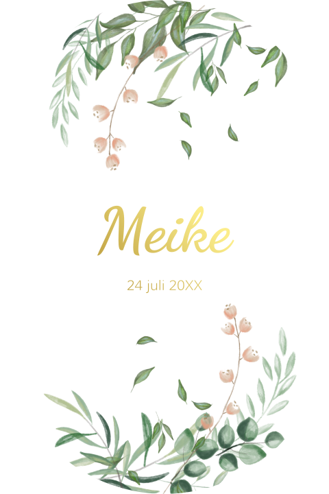 Origineel ovaal geboortekaartje met takjes, bloemen en goudfolie