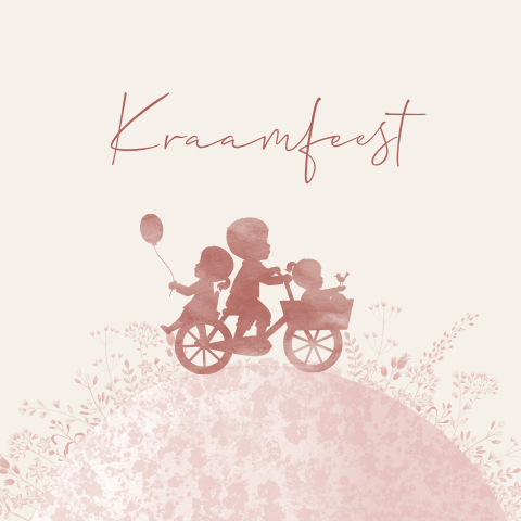 Kraamfeest uitnodiging roze watercolour met silhouetjes op fiets
