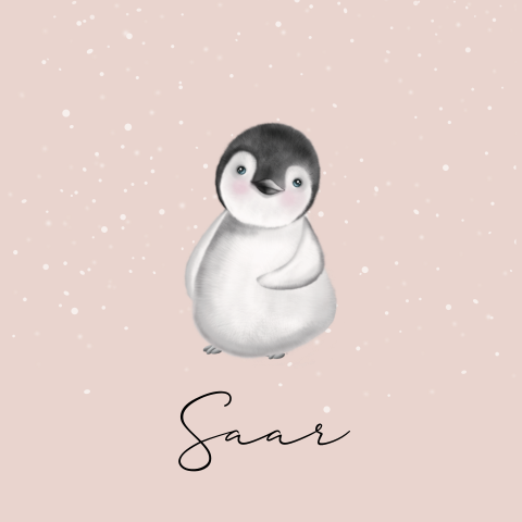 Geboortekaartje voor een meisje en schattige pinguïn en sneeuwvlokjes