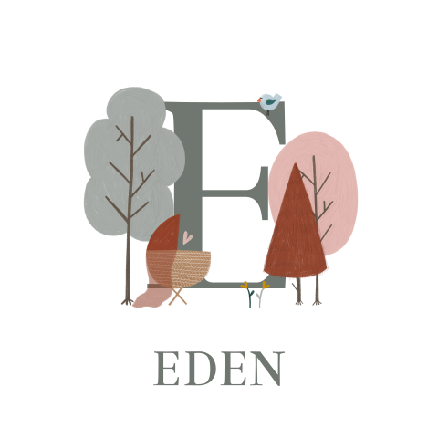 Illustratief geboortekaartje meisje met initiaal en wieg bij bomen