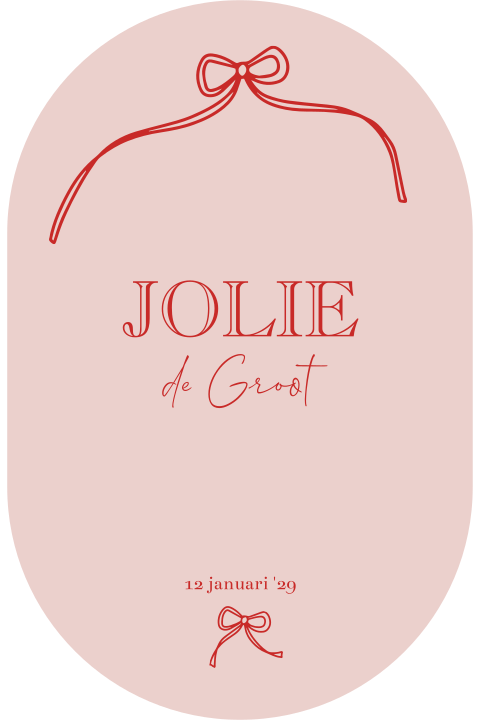 Ovaal geboortekaartje meisje roze met rood strikje