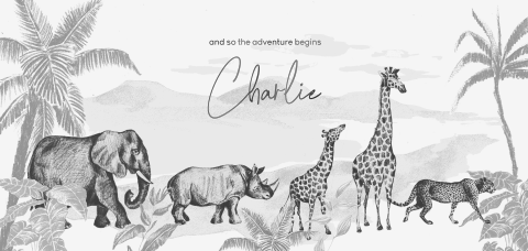 Uniek geboortekaartje met jungledieren en zwart folie